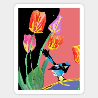 Abstract Blue Wren and Tulips Painting - on Multicoloured Black Pattern Sticker